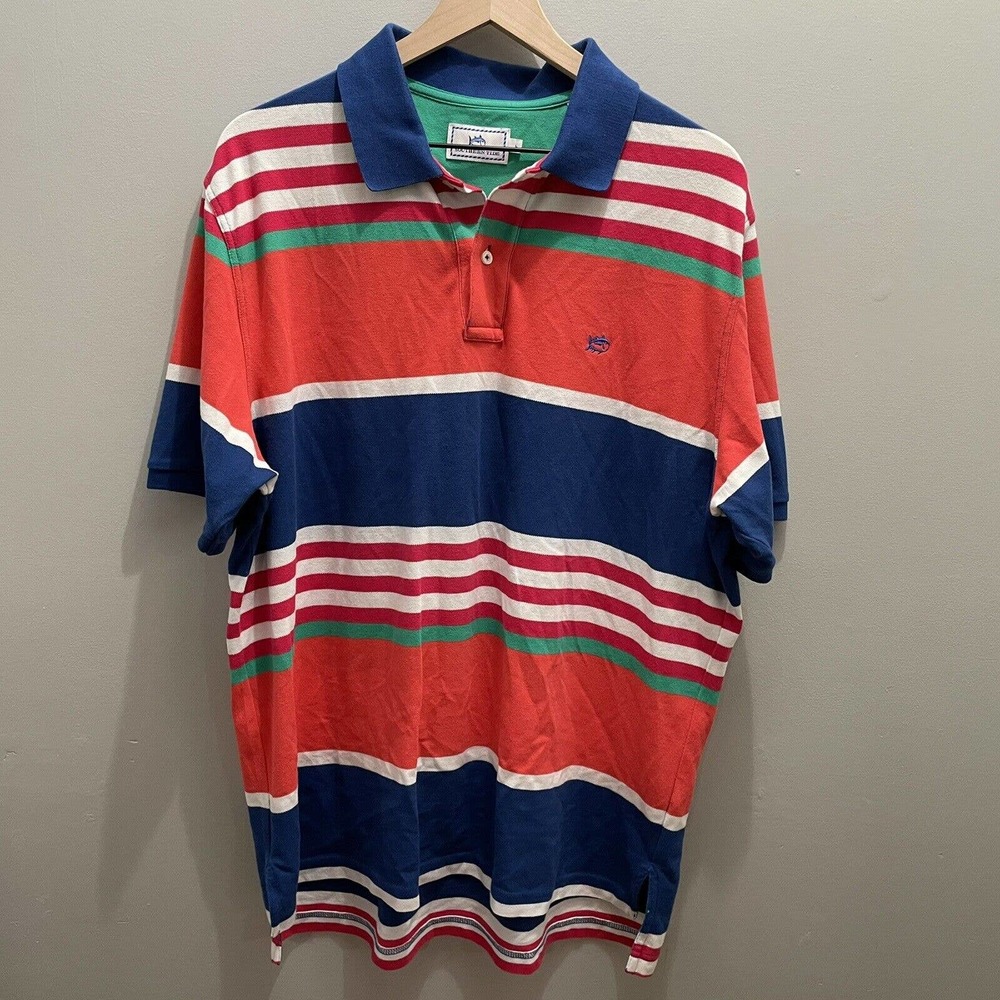 Southern Tide Striped Oversized Polo Large red blue green white preppy shirt